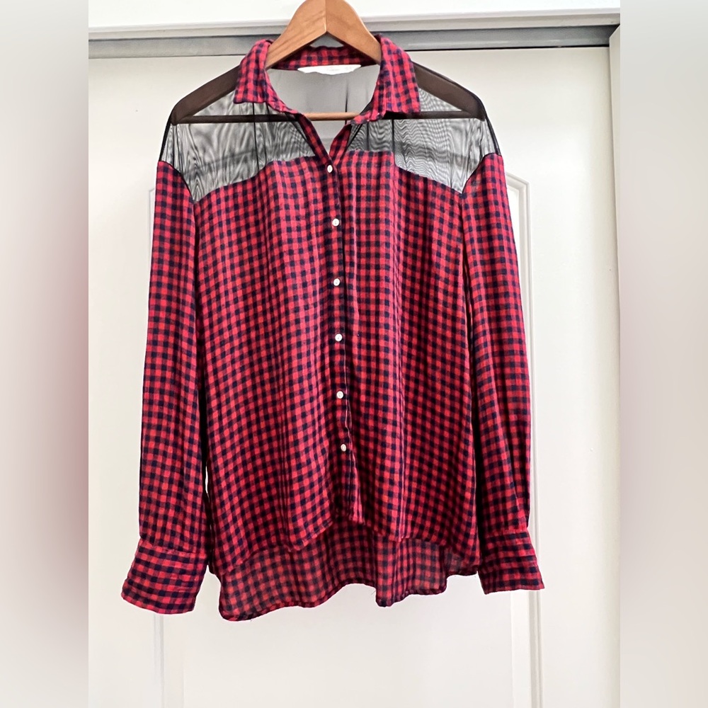 Zara Check Oversized Button Down with Mesh Shoulders